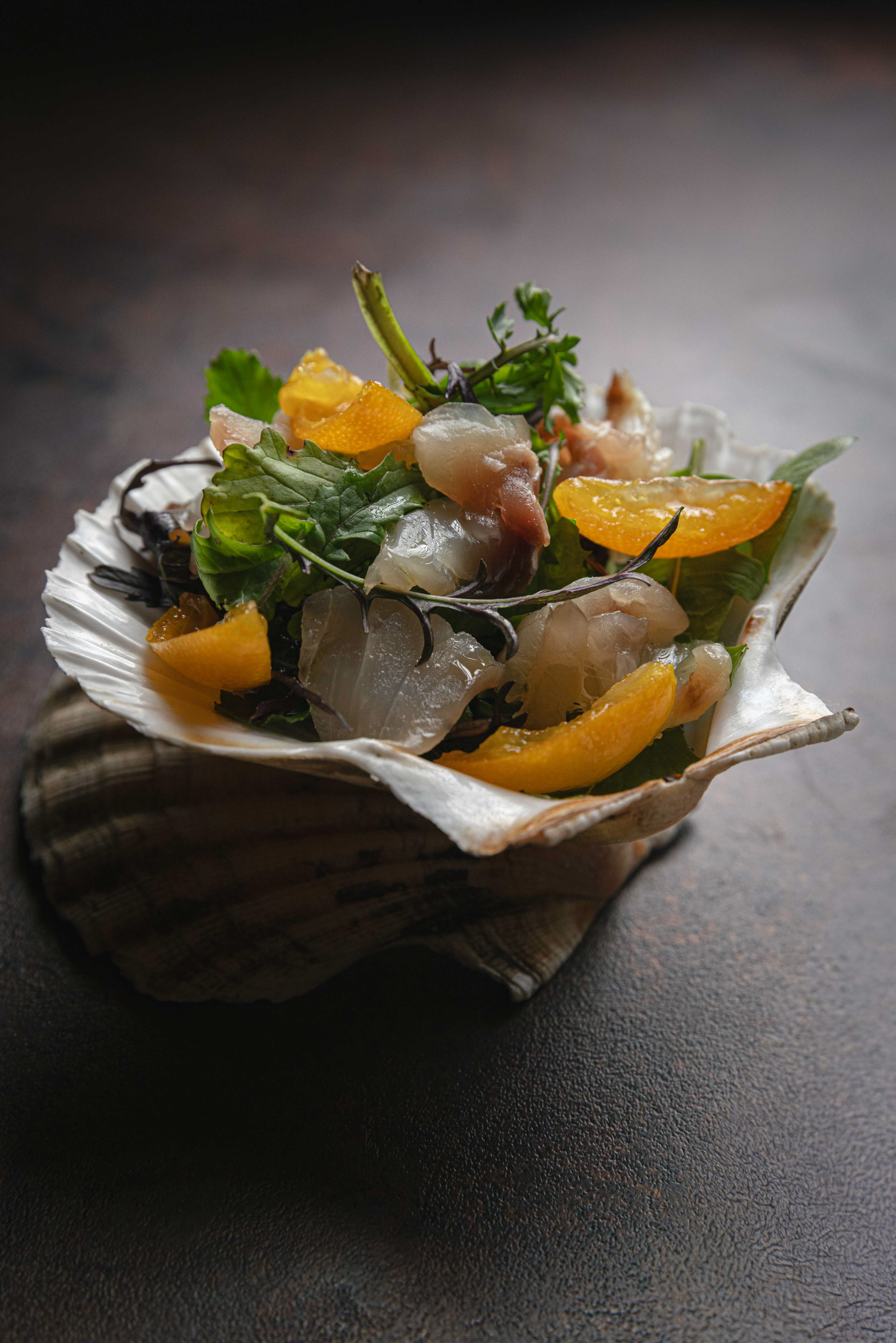 Crudo di pesce servito in conchiglia con agrumi ed erbe — Origini, Priverno