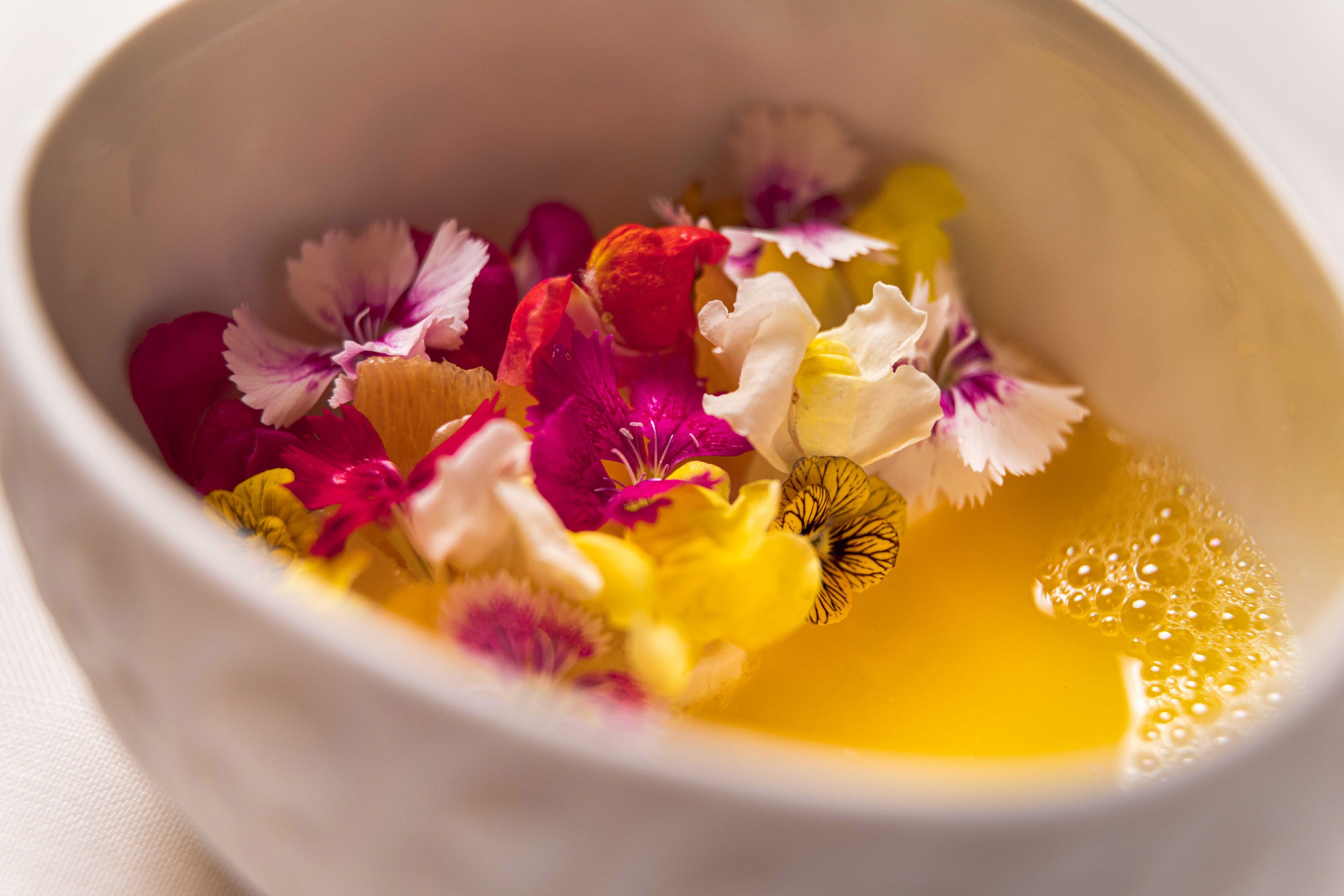Fiori eduli in brodo di agrumi, dettaglio ravvicinato — Flores Raras, València
