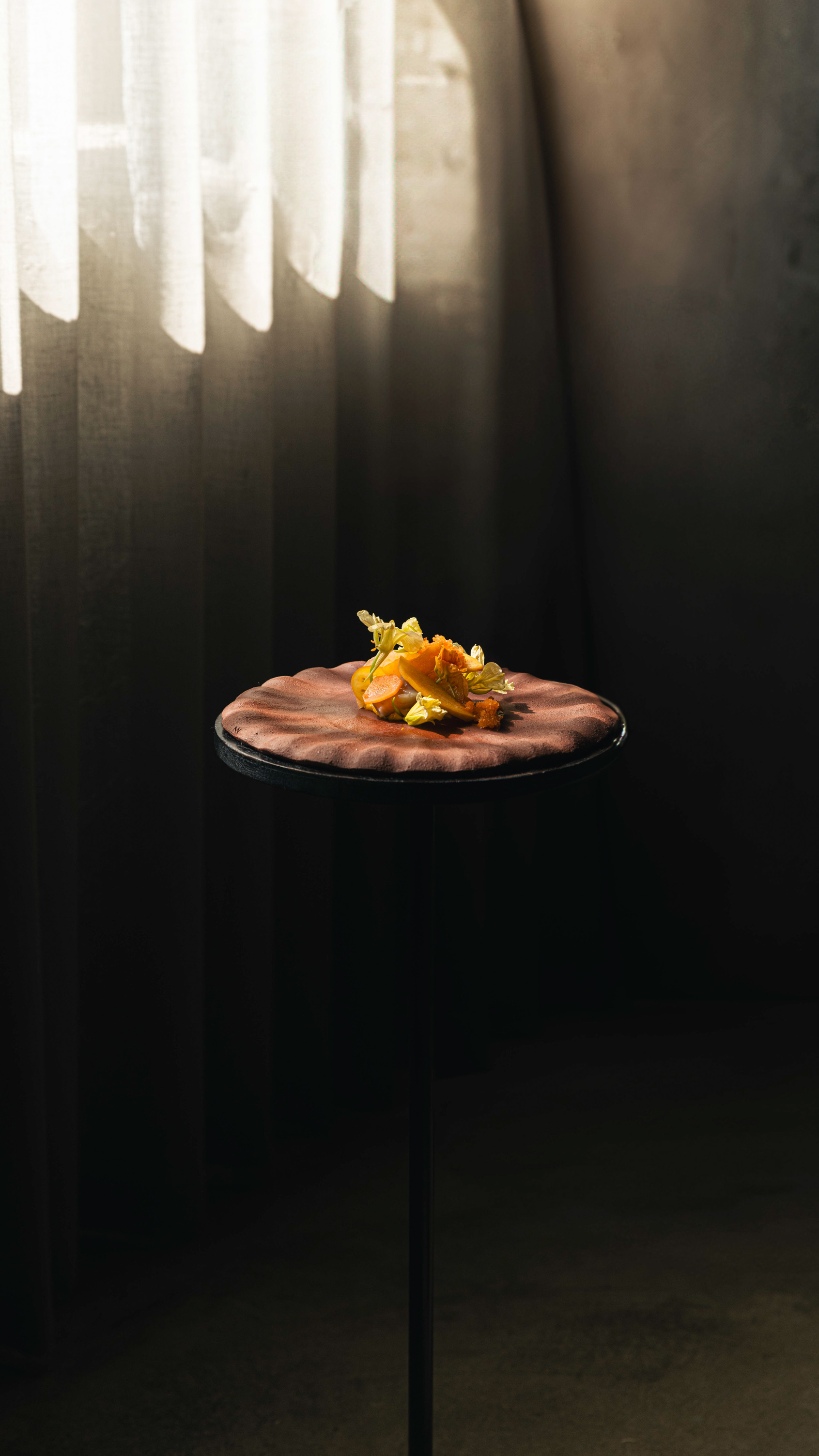 Carpaccio servito su piatto tondo, luce da finestra su fondo scuro — Materiaprima, Pontinia